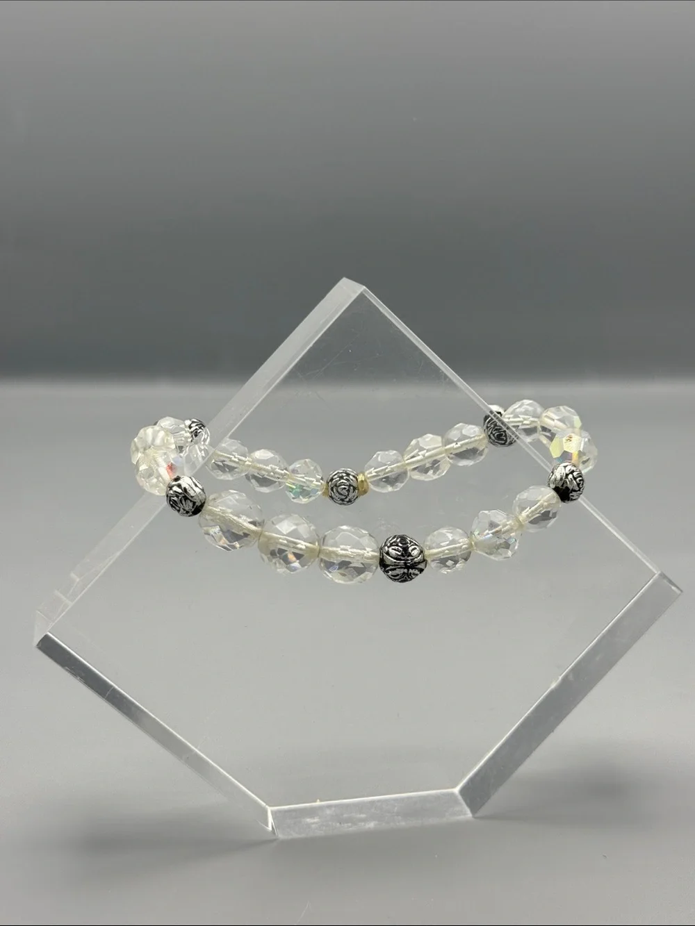 Crystal Bead Stretch Bracelet with Silver Accent Beads